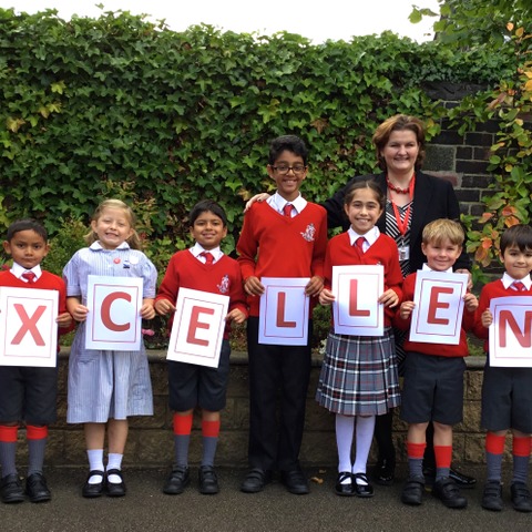 Pupils at The Froebelian School with Headteacher, Mrs Catherine Dodds